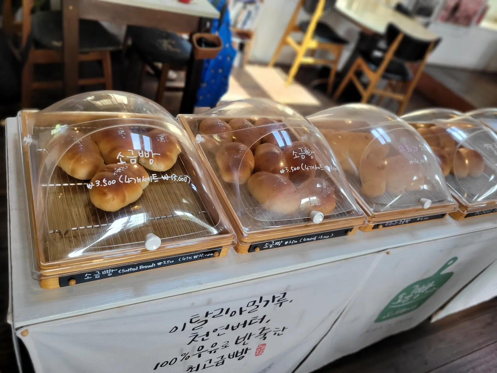 돔 커버 아래 줄지어 놓인 소금빵